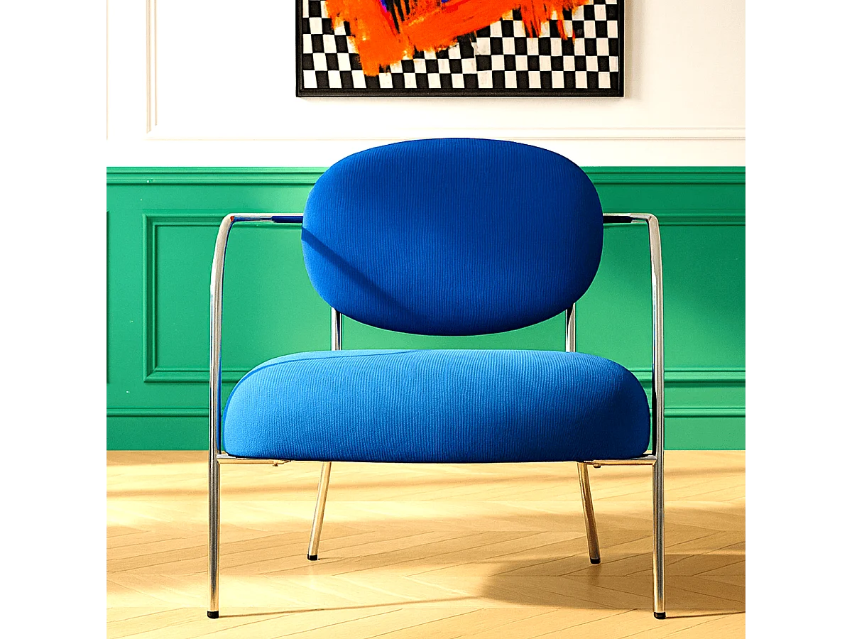 Fauteuil en velours côtelé bleu électrique et piètement chromé - Léon