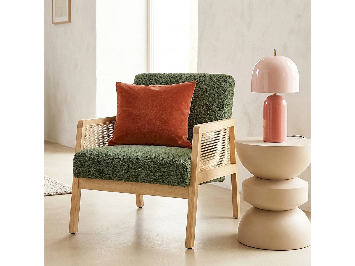 Fauteuil en cannage et tissu bouclé vert kaki - Mani