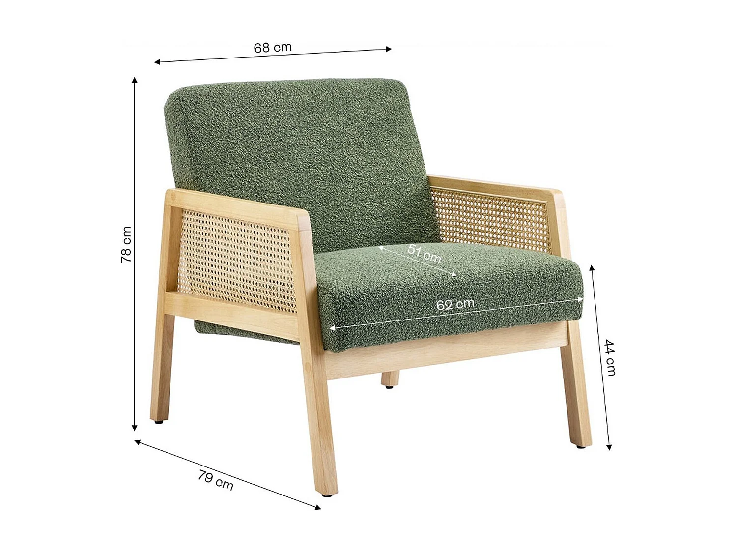 Fauteuil en cannage et tissu bouclé vert kaki - Mani