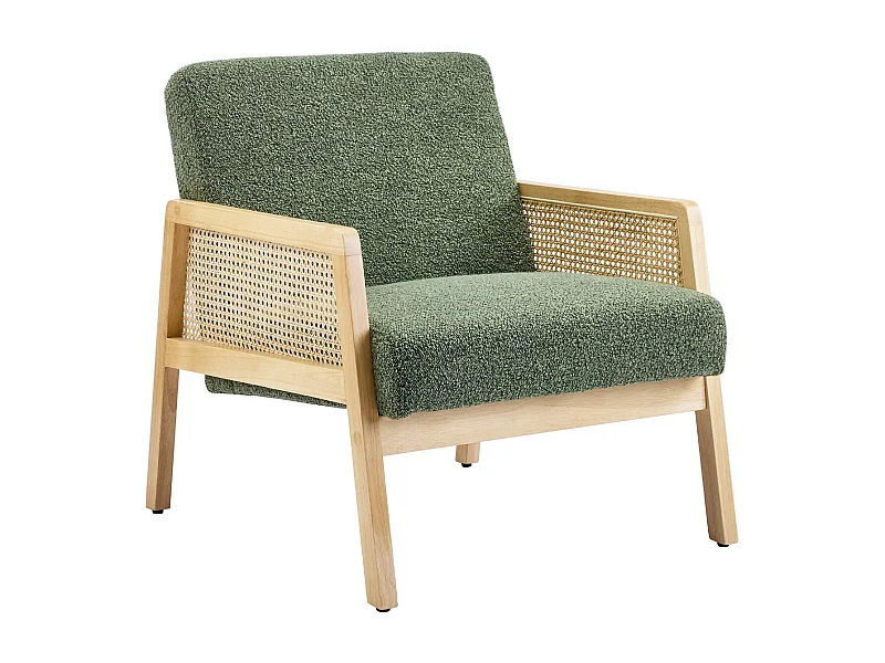 Fauteuil en cannage et tissu bouclé vert kaki - Mani