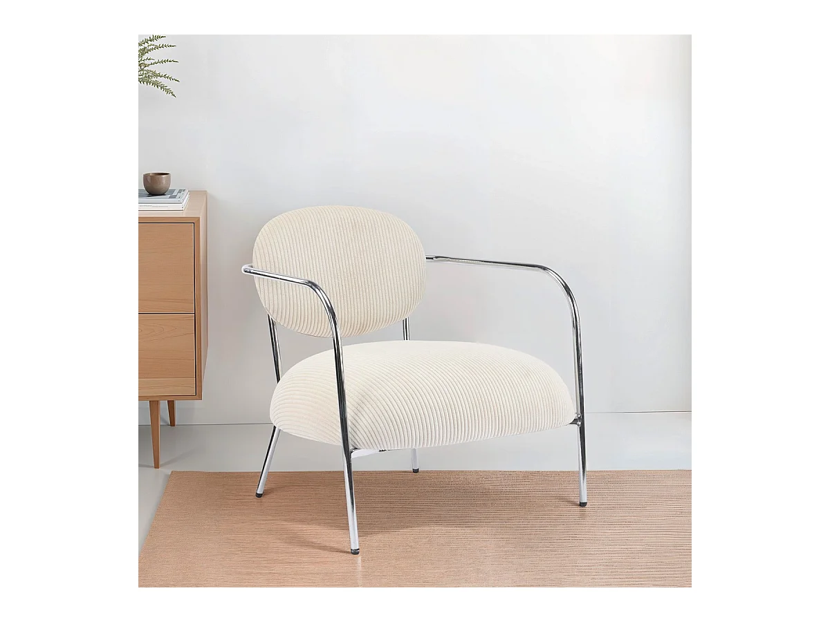 Fauteuil en velours cotelé beige et piètement chromé - Léon