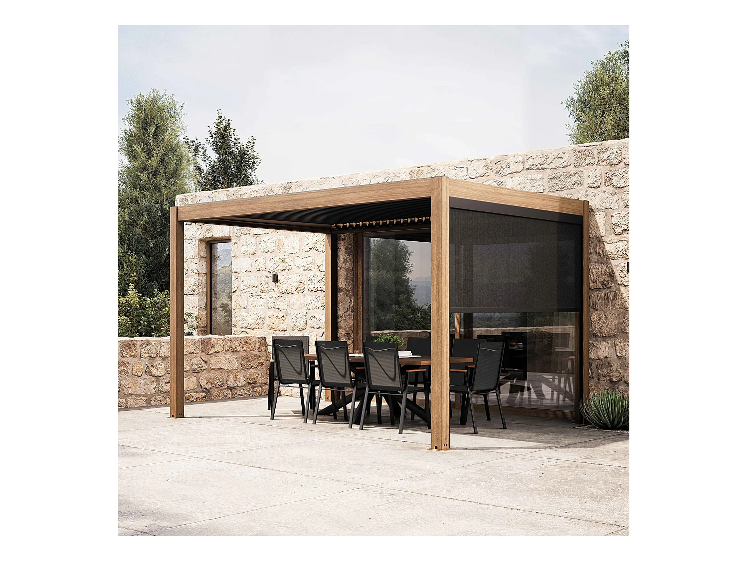 Pergola bioclimatique autoportée 3x4m et 1 store bois gris