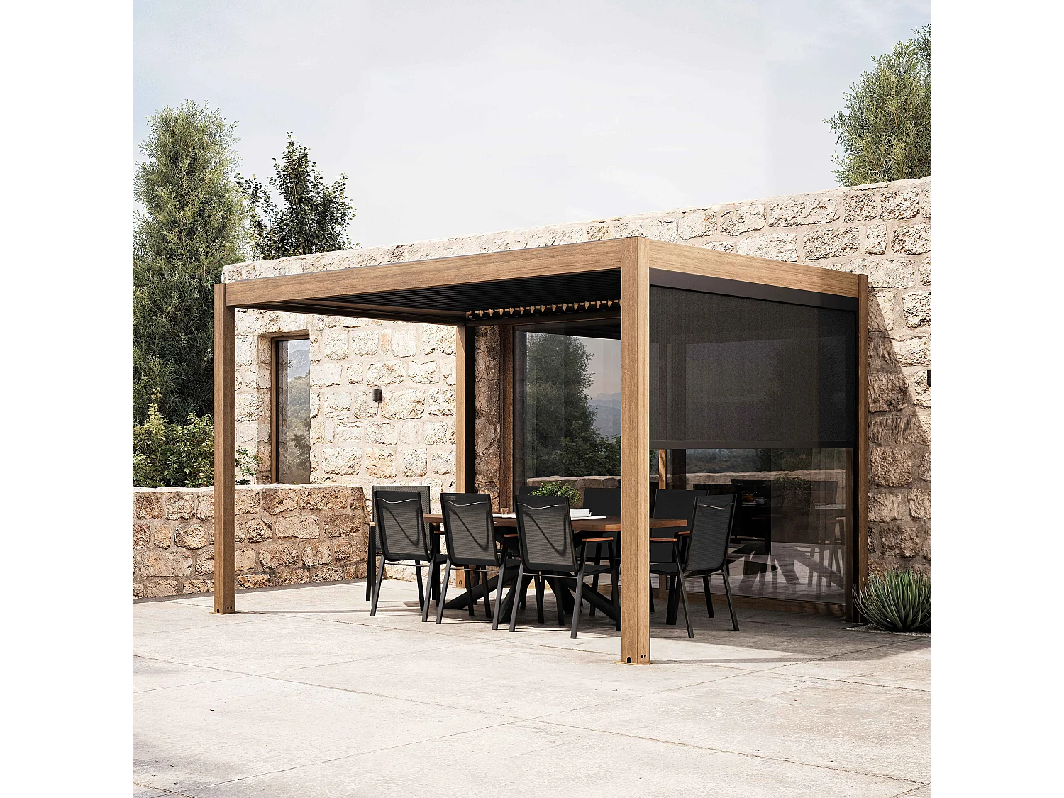 Pergola bioclimatique autoportée 3x4m et 1 store bois gris
