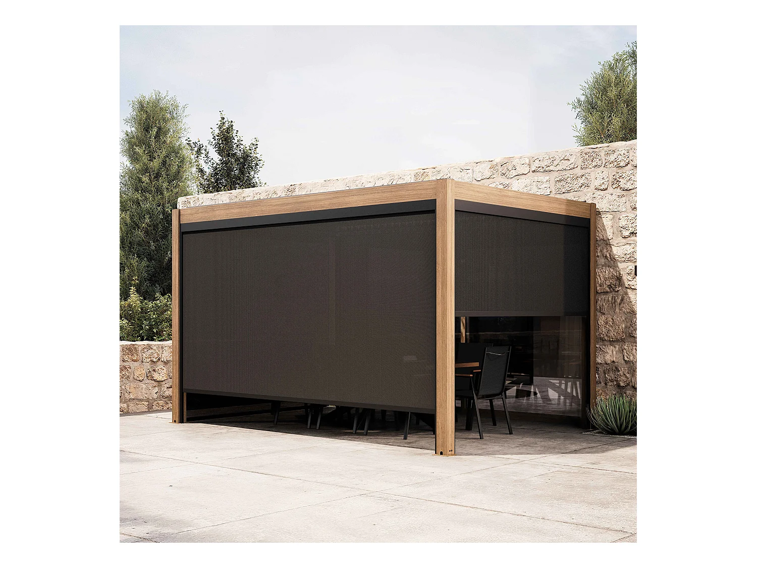 Pergola bioclimatique autoportée 3x4m et 2 stores bois gris