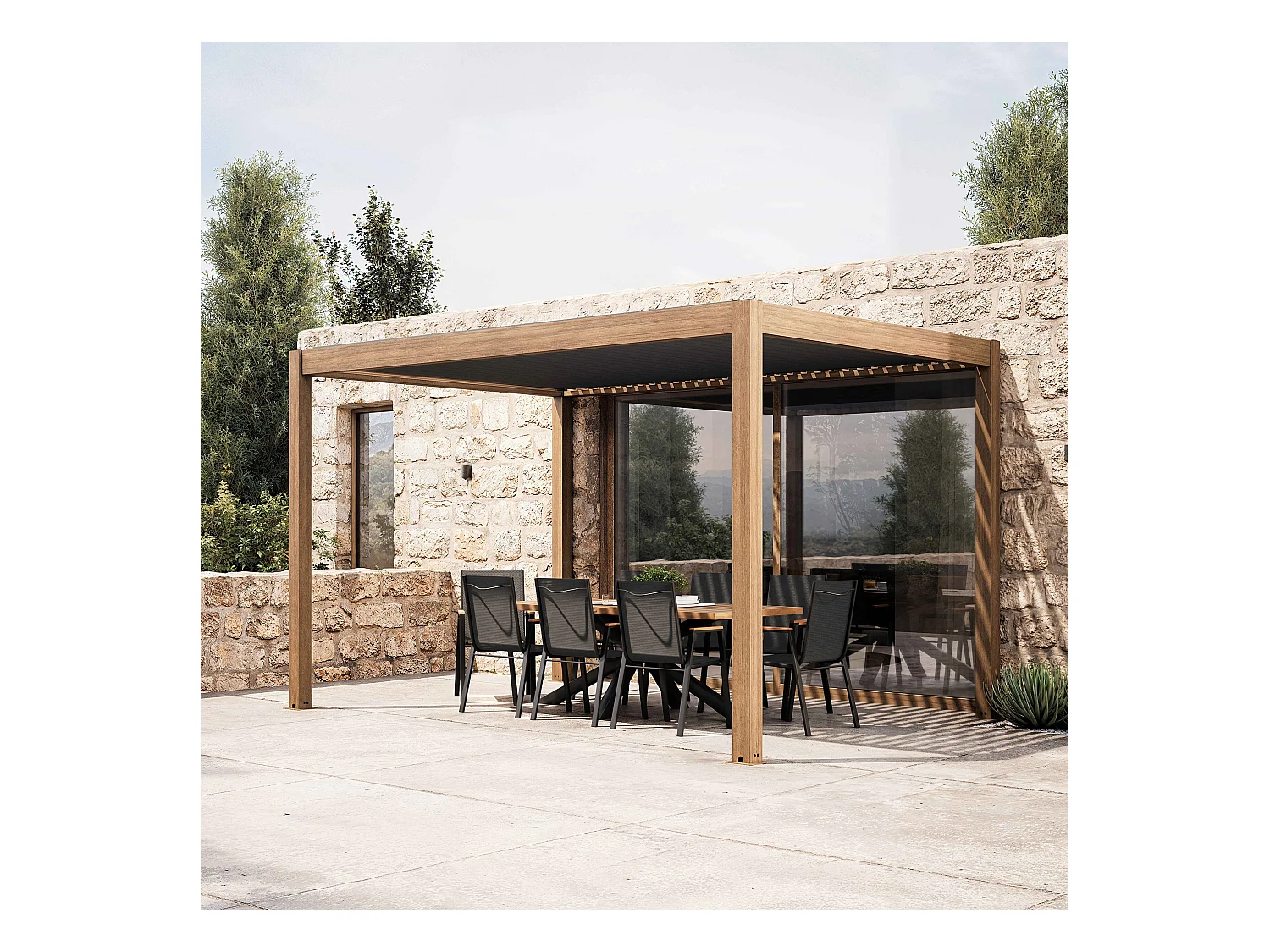 Pergola bioclimatique autoportée 3x4m et 2 stores bois gris