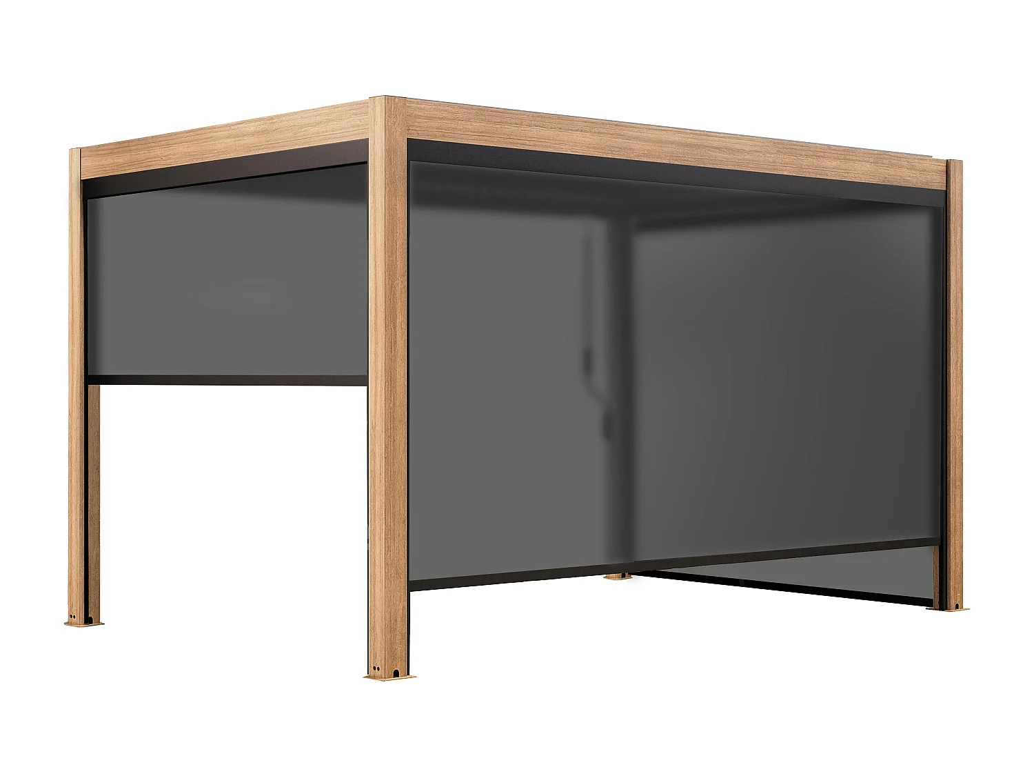 3x4m zelfdragende bioklimatische pergola en 2 grijze houten jaloezieën