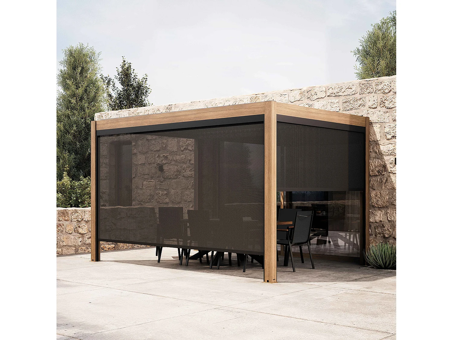 Pergola bioclimatique autoportée 3x4 m et 2 stores bois gris