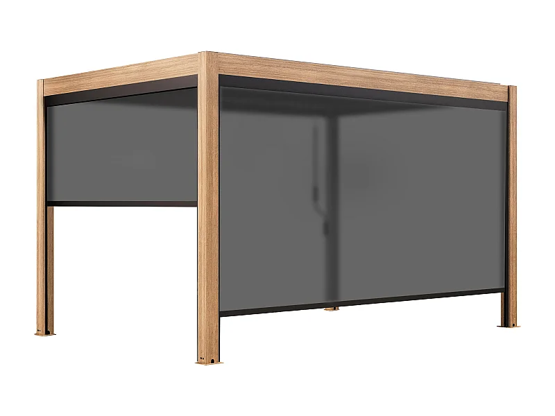 Pergola bioclimatique autoportée 3x4 m et 2 stores bois gris