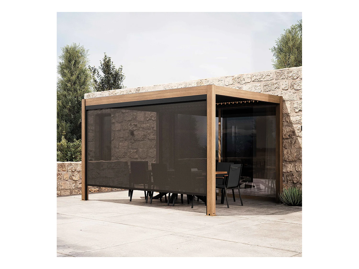 Pergola bioclimatique autoportée 3x4 m et 1 store bois gris