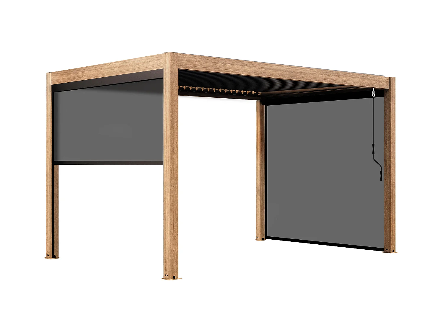 Pergola bioclimatique autoportée 3x4m et 3 stores bois gris