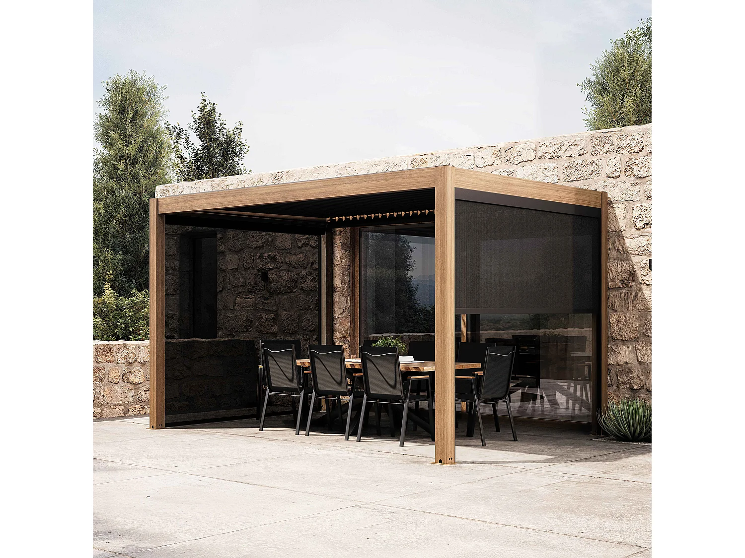 Pergola bioclimatique autoportée 3x4m et 3 stores bois gris