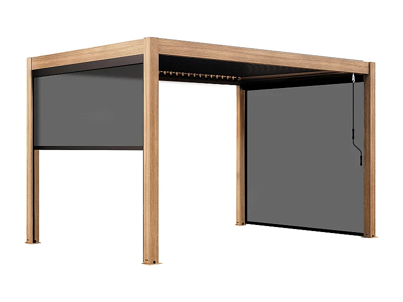 Pergola bioclimatique autoportée 3x4m et 3 stores bois gris