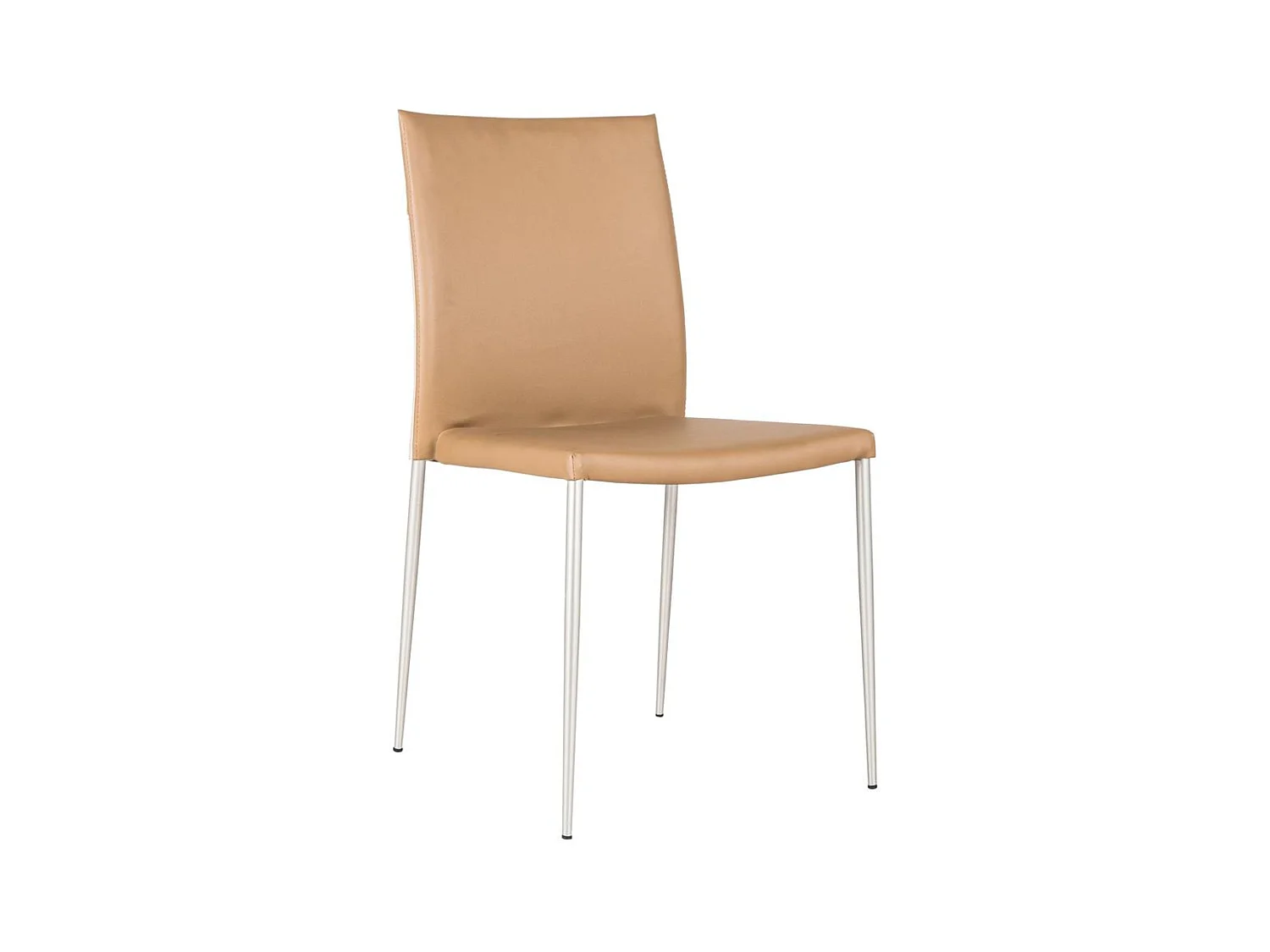 Set van 4 stapelbare eetkamerstoelen "Camelia" in bruin en beige imitatieleer met poten van geverfd metaal.