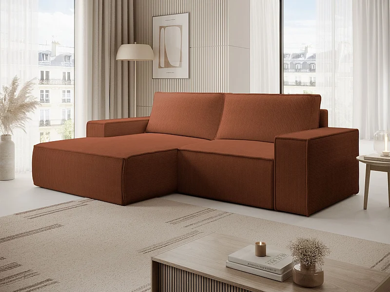 Canapé d’angle convertible – en velours côtelé – cuivre – gauche – FARESE MINI