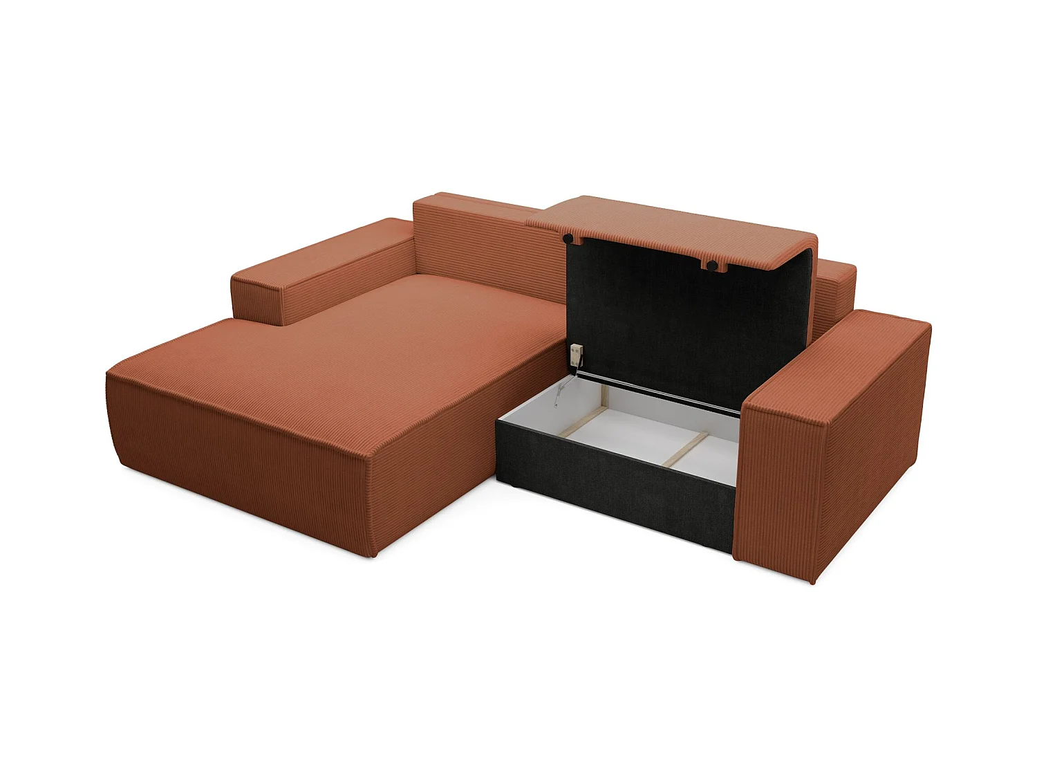Hoekbank met ribfluweel – slaapfunctie en opbergruimte – koper – links – FARESE MINI