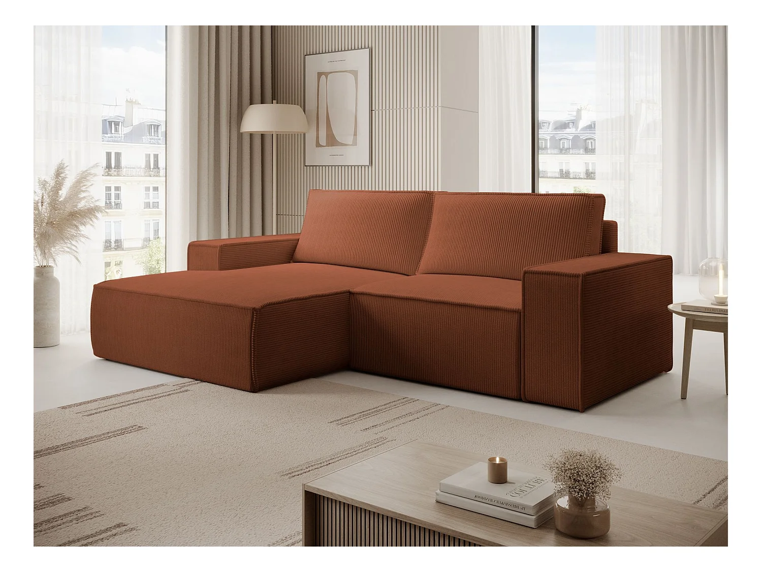 Canapé d’angle convertible – en velours côtelé – cuivre – gauche – FARESE MINI
