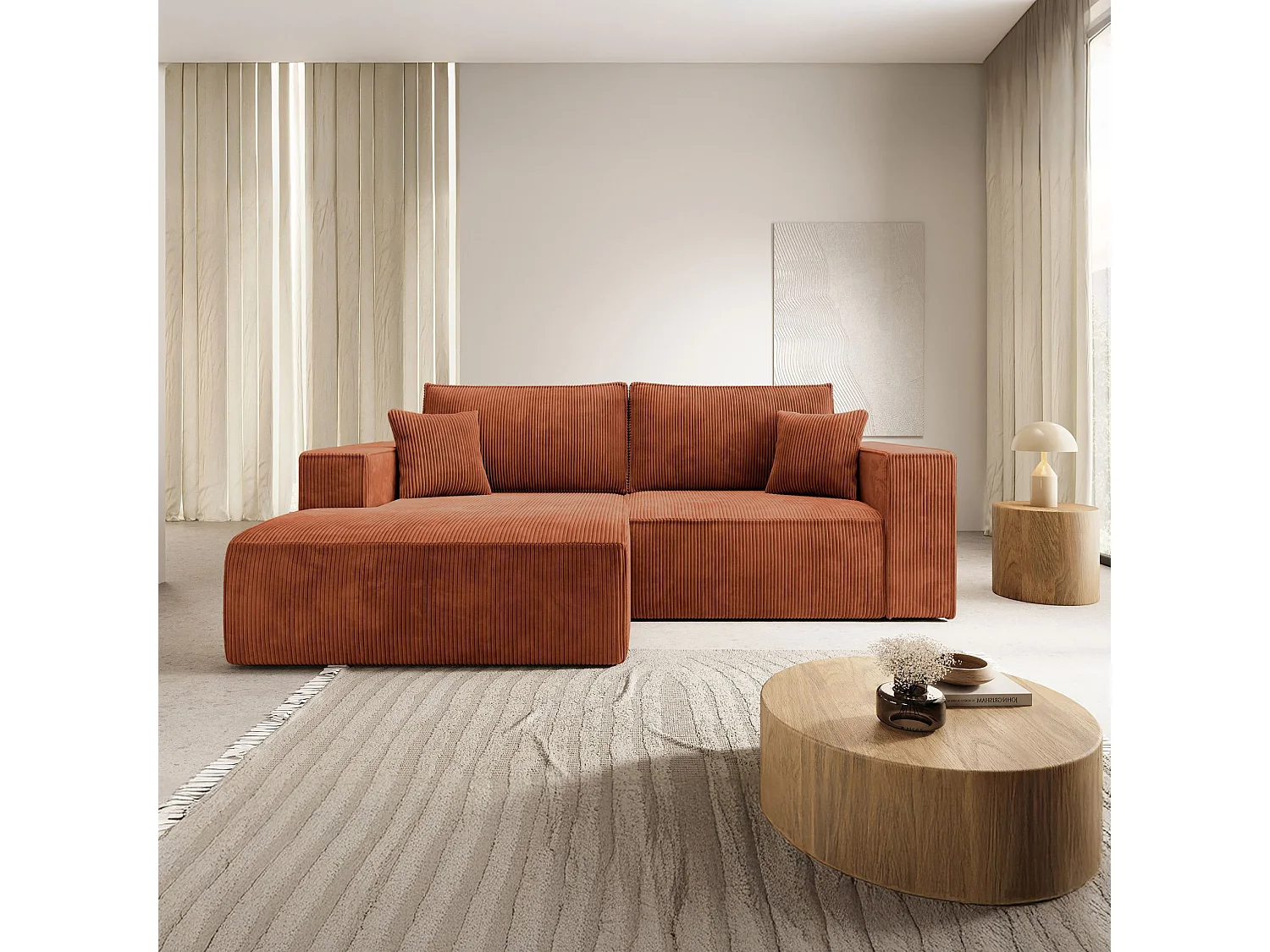 Canapé d’angle convertible – en velours côtelé – cuivre – gauche – FARESE MINI
