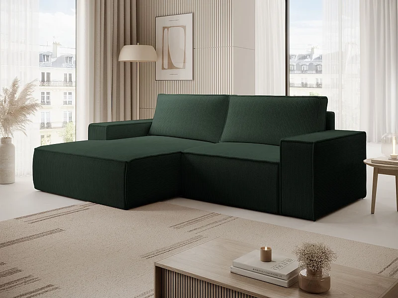 Hoekbank met ribfluweel – slaapfunctie en opbergruimte – donkergroen – links – FARESE MINI
