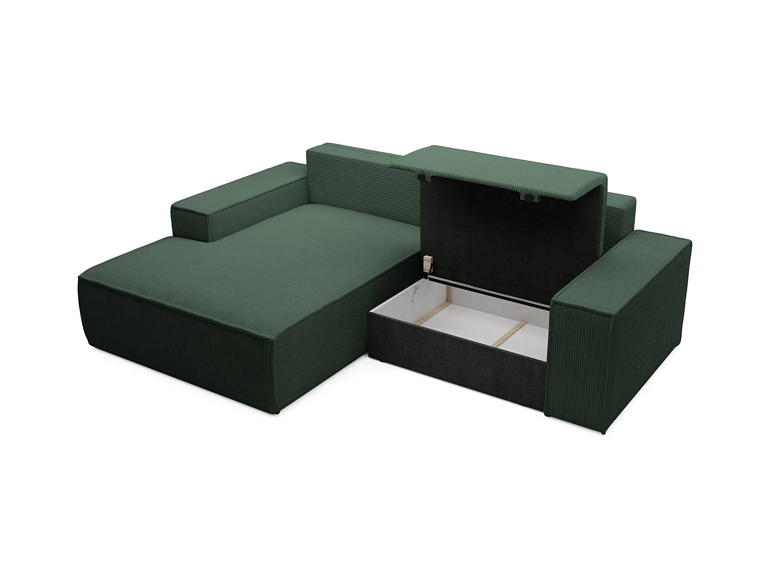 Hoekbank met ribfluweel – slaapfunctie en opbergruimte – donkergroen – links – FARESE MINI