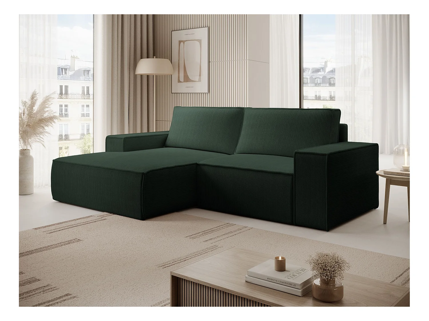 Canapé d’angle convertible – en velours côtelé – vert foncé – gauche – FARESE MINI