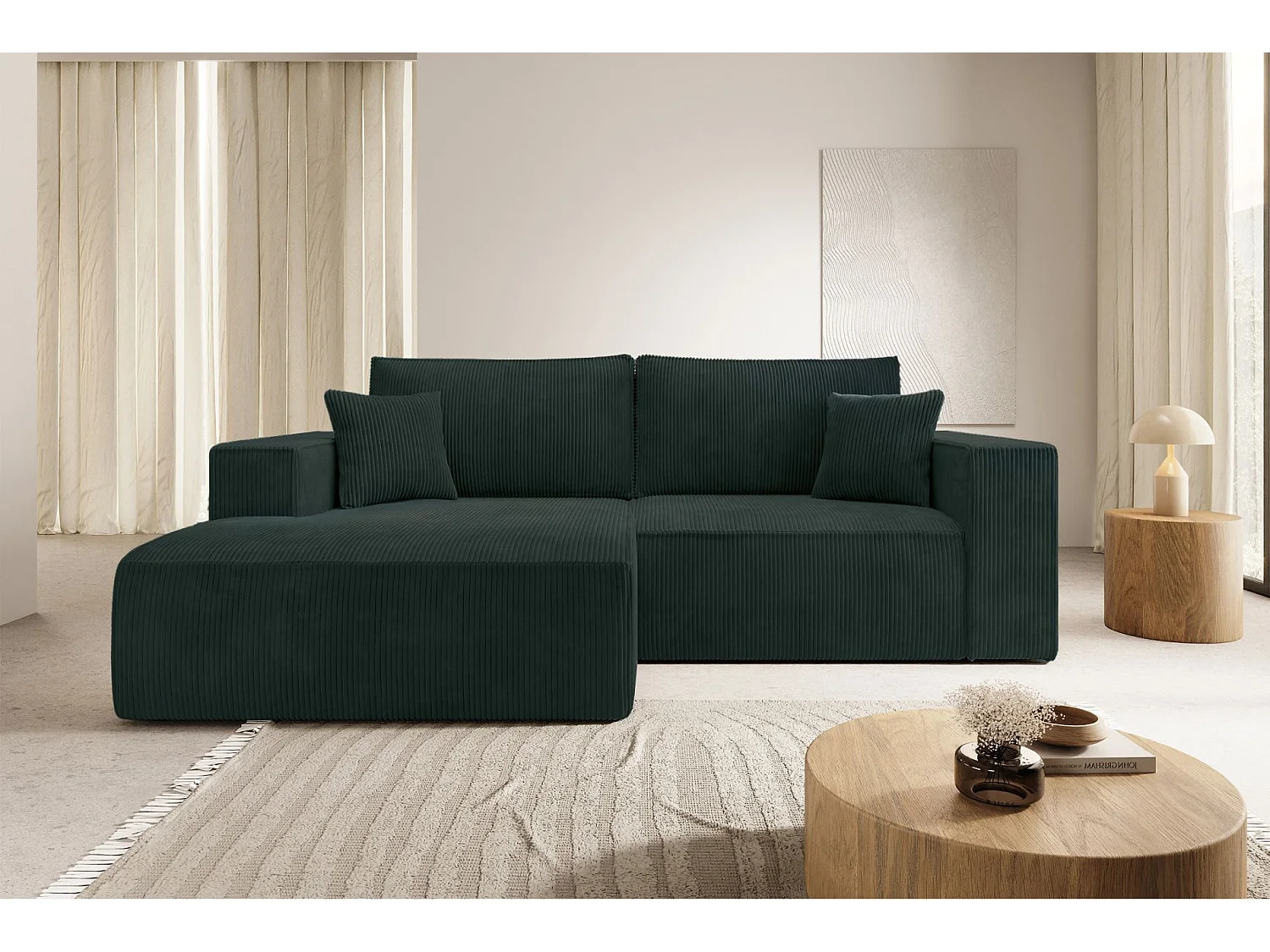 Canapé d’angle convertible – en velours côtelé – vert foncé – gauche – FARESE MINI