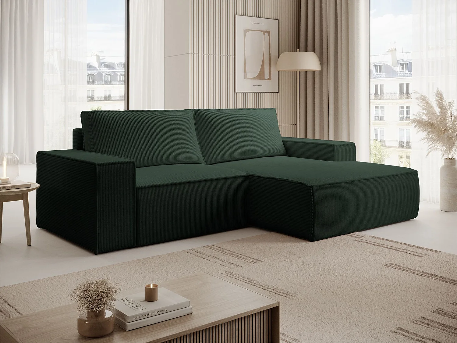 Ecksofa mit Cordbezug – Schlaffunktion und Stauraum – Dunkelgrün – rechts – FARESE MINI