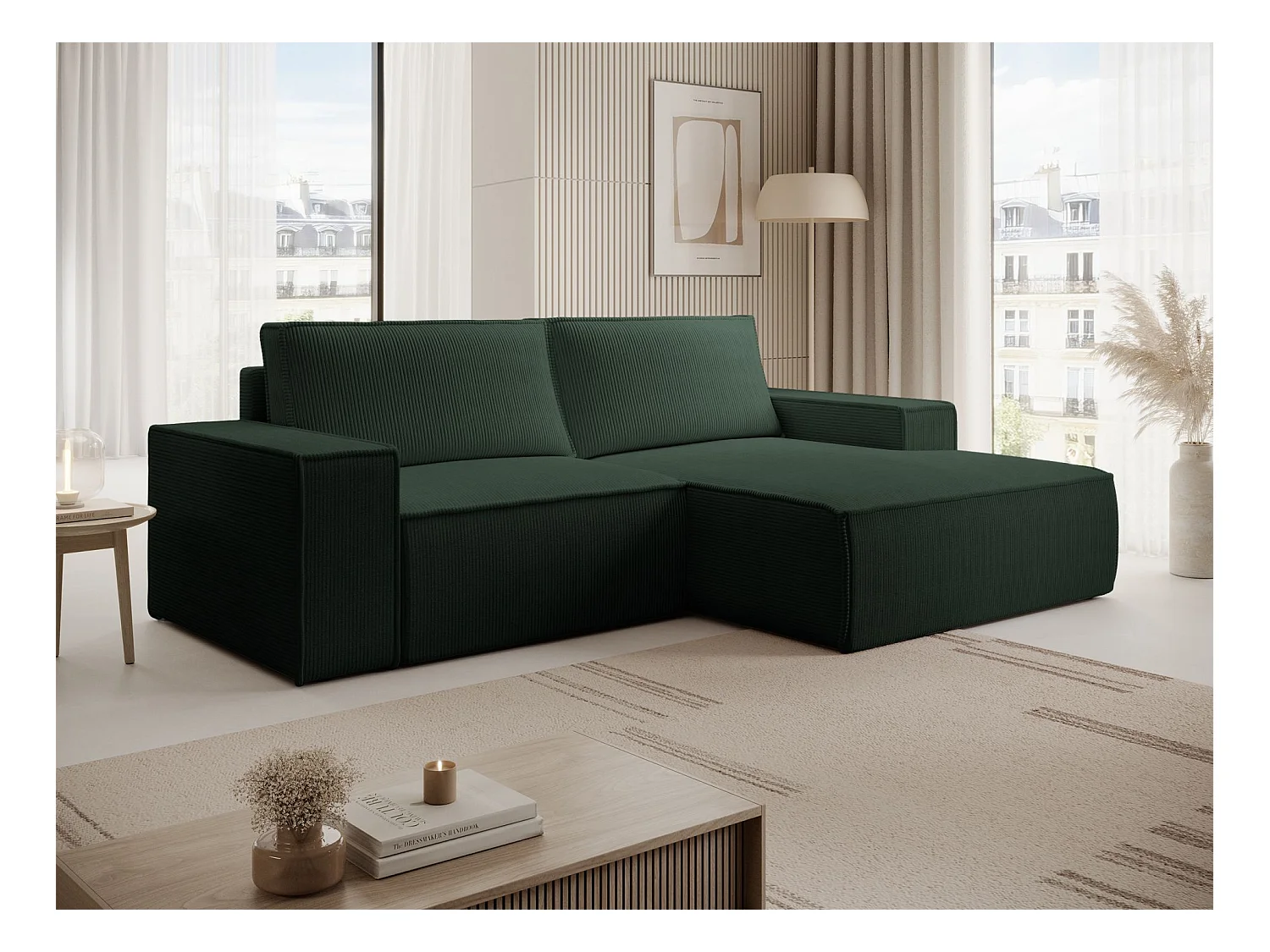 Canapé d’angle convertible – en velours côtelé – vert foncé – droite – FARESE MINI