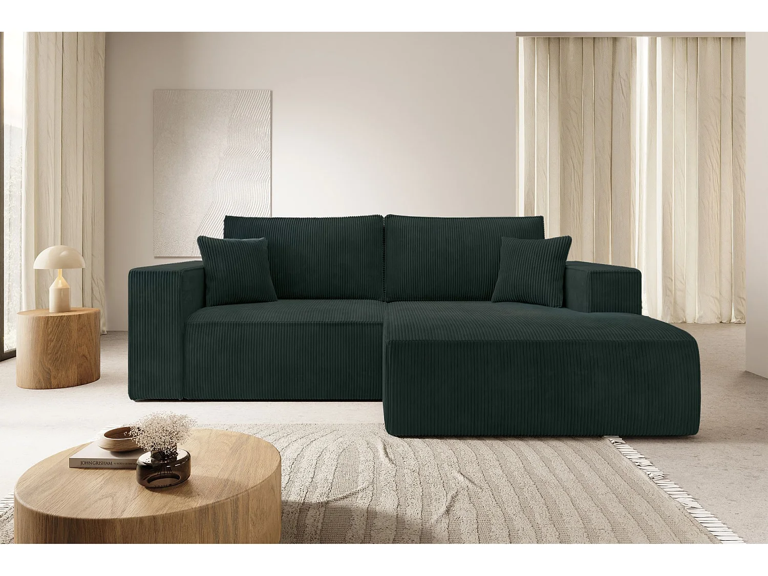 Ecksofa mit Cordbezug – Schlaffunktion und Stauraum – Dunkelgrün – rechts – FARESE MINI