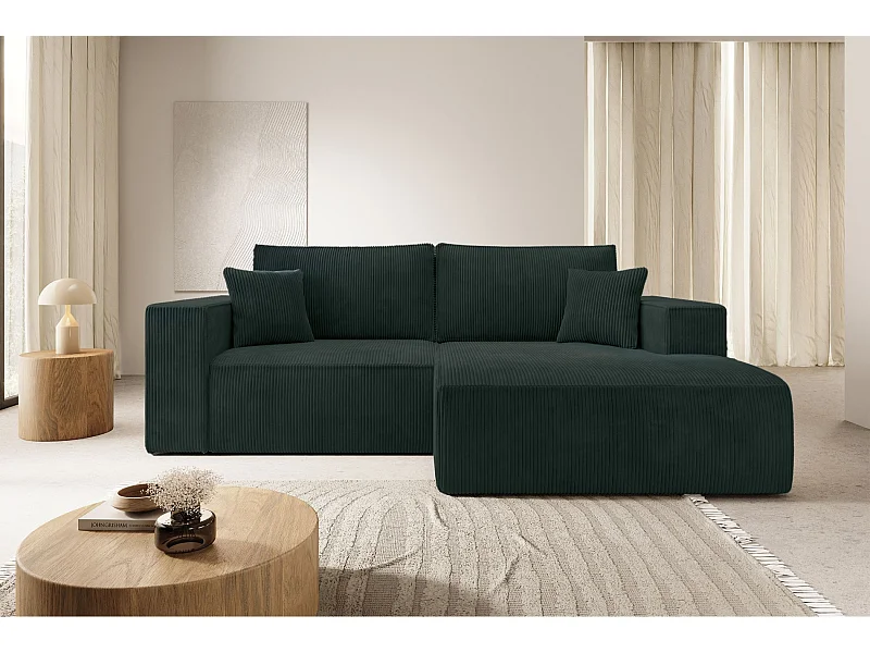 Canapé d’angle convertible – en velours côtelé – vert foncé – droite – FARESE MINI