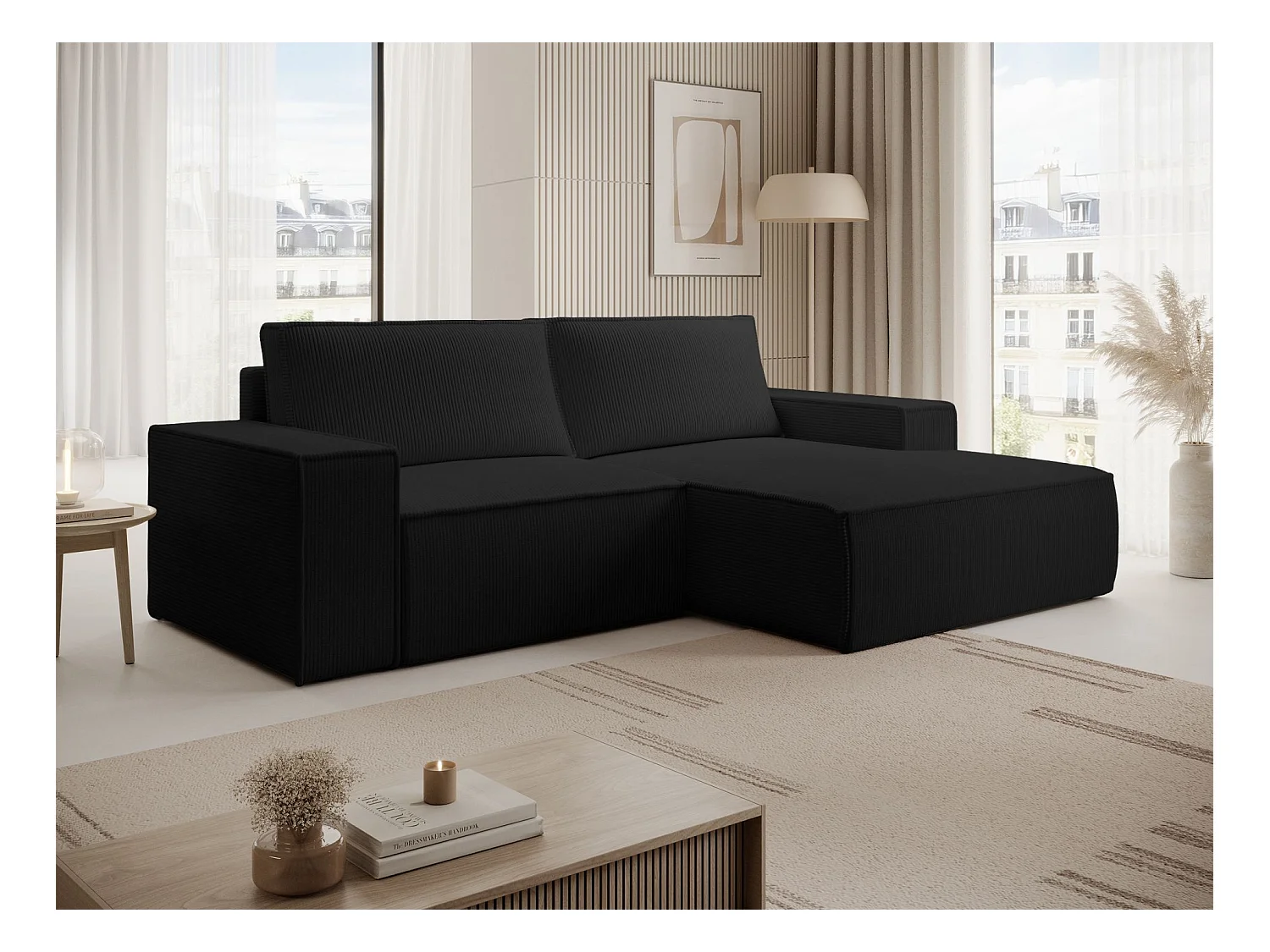 Canapé d’angle convertible – en velours côtelé – noir – droite – FARESE MINI