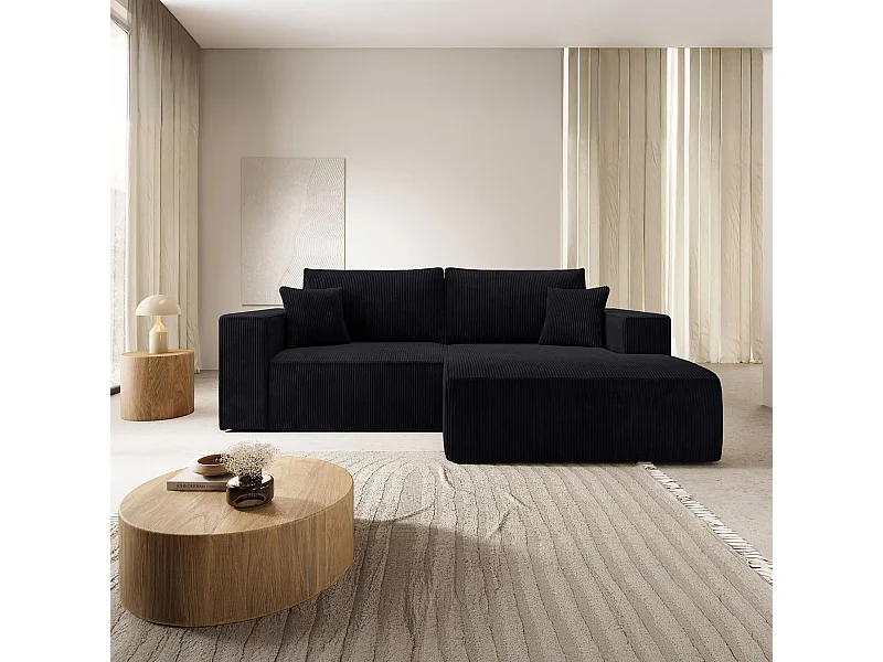 Canapé d’angle convertible – en velours côtelé – noir – droite – FARESE MINI