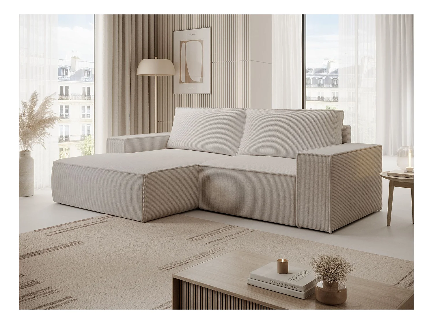 Hoekbank met ribfluweel – slaapfunctie en opbergruimte – grijs-beige – links – FARESE MINI