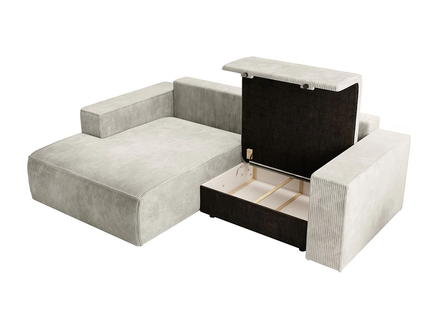 Hoekbank met ribfluweel – slaapfunctie en opbergruimte – grijs-beige – links – FARESE MINI