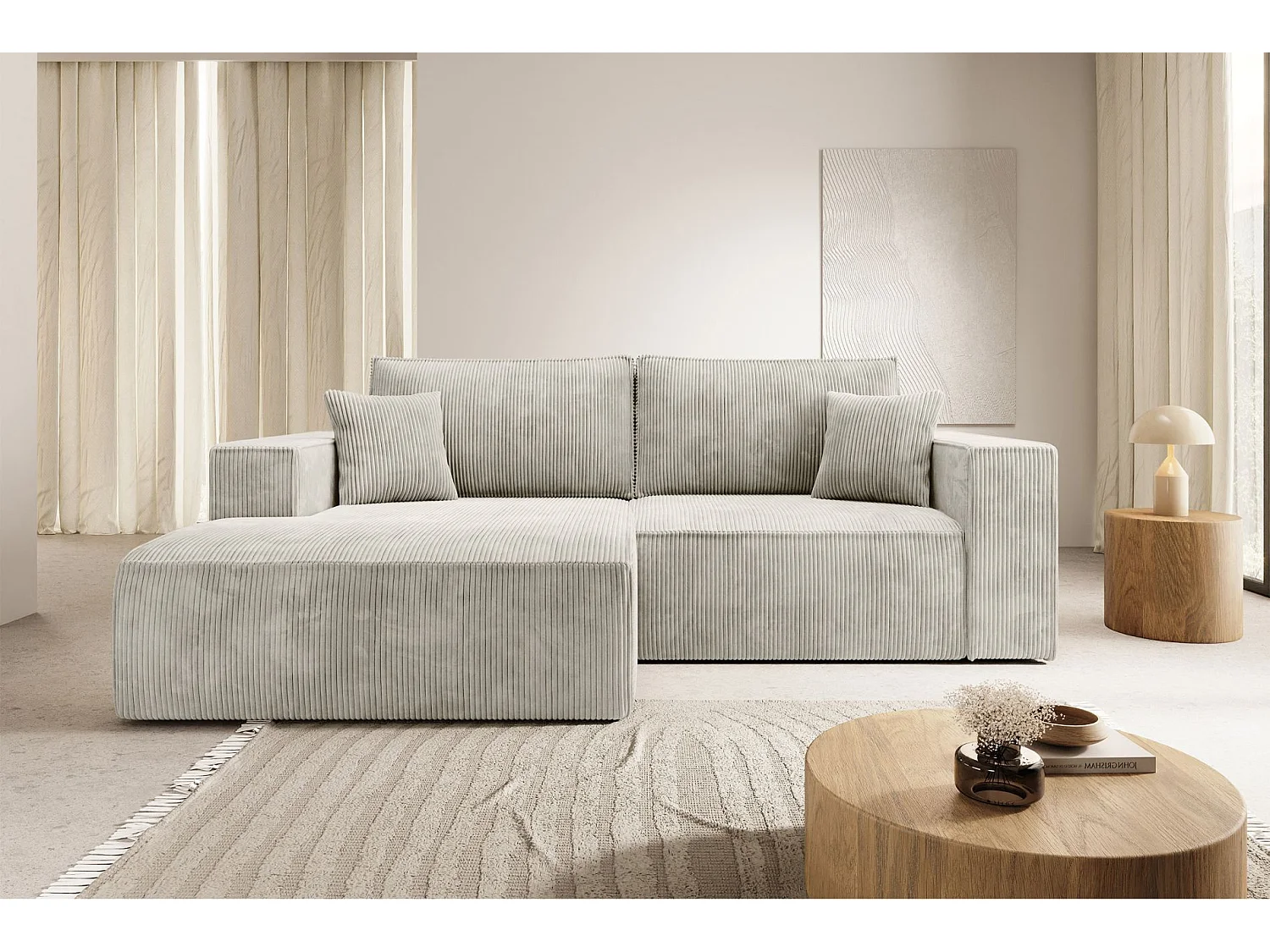 Canapé d’angle convertible – en velours côtelé – gris-beige – gauche – FARESE MINI
