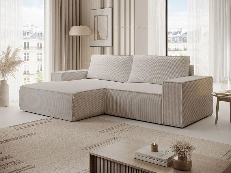 Canapé d’angle convertible – en velours côtelé – gris-beige – gauche – FARESE MINI