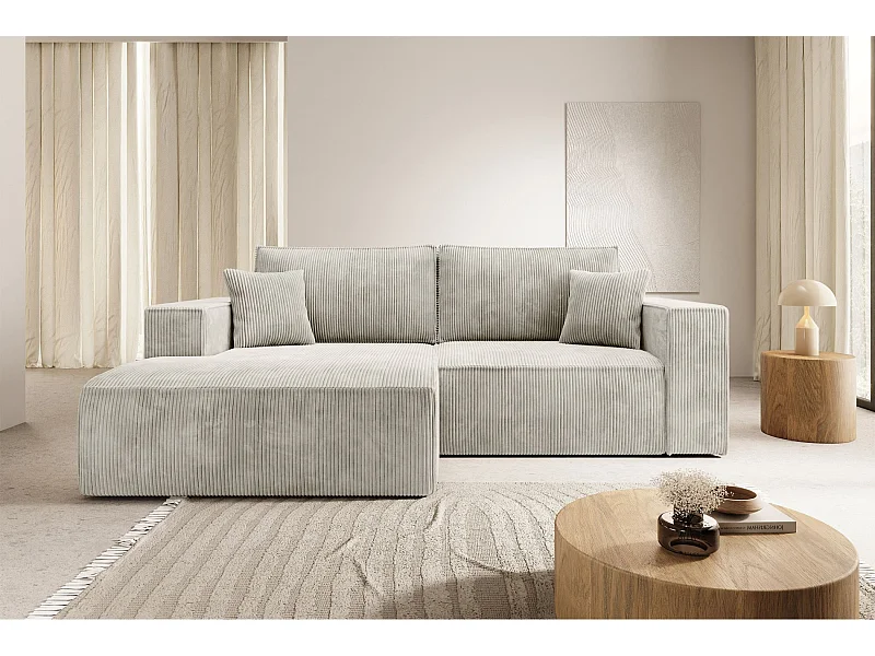 Hoekbank met ribfluweel – slaapfunctie en opbergruimte – grijs-beige – links – FARESE MINI