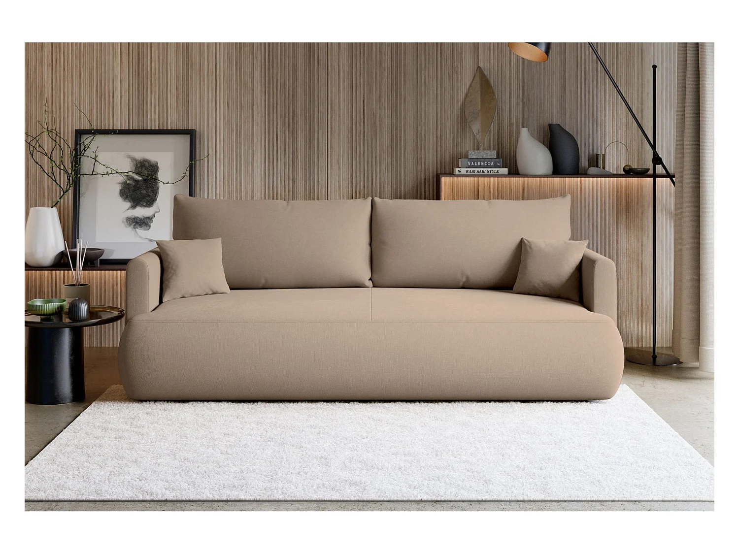 Canapé convertible 3 places – chenille Easy-Clean – beige – OVO MINI