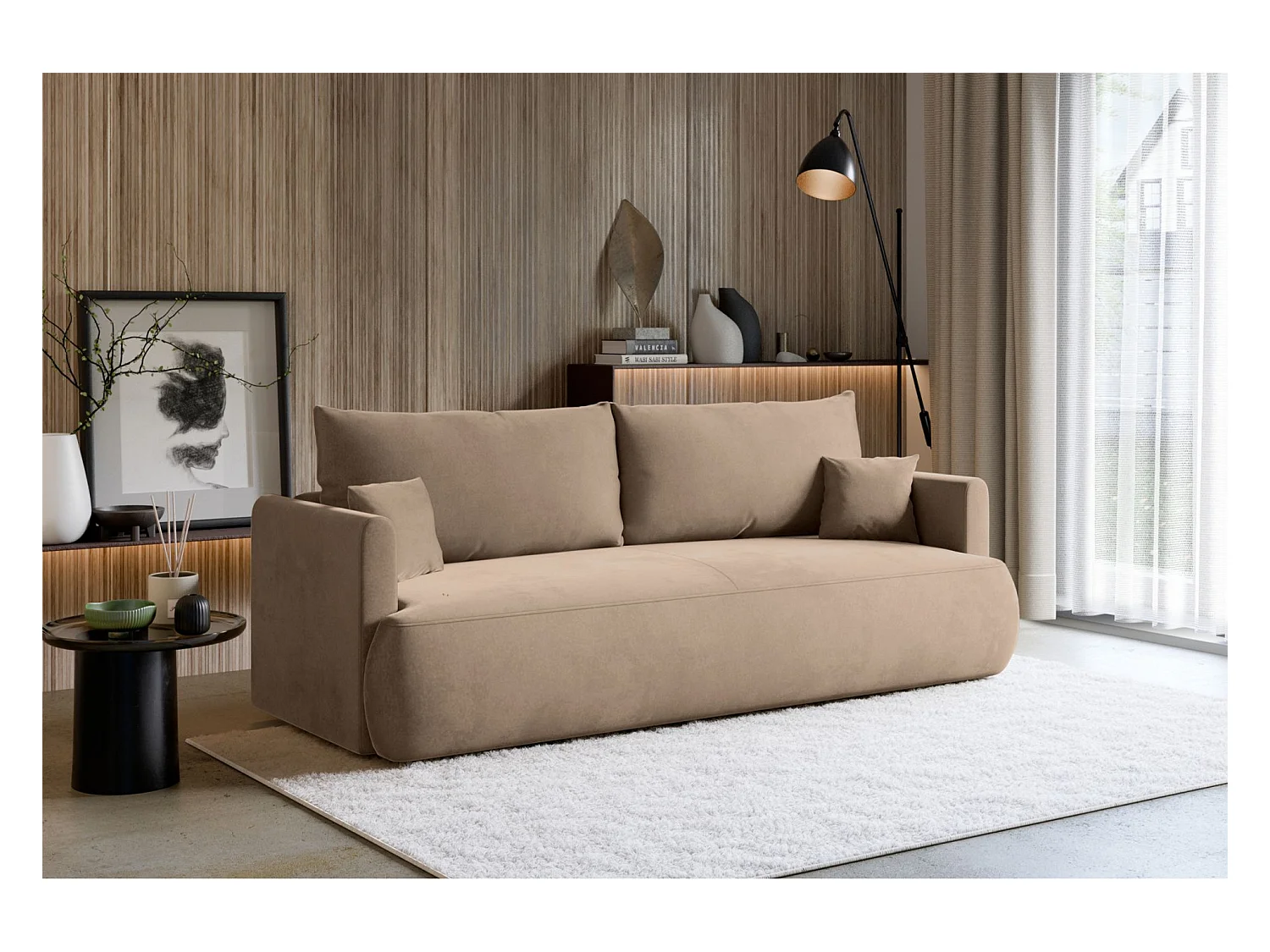 Canapé convertible 3 places – chenille Easy-Clean – beige – OVO MINI