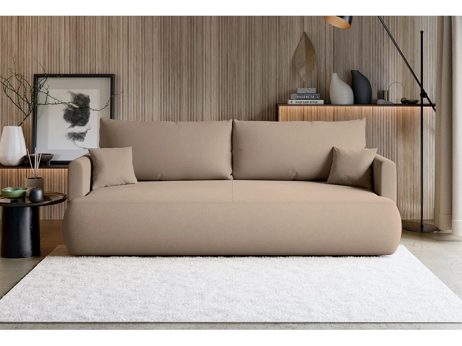 3-Sitzer Schlafsofa mit Bettkasten, Chenille Easy-Clean, beige - OVO MINI
