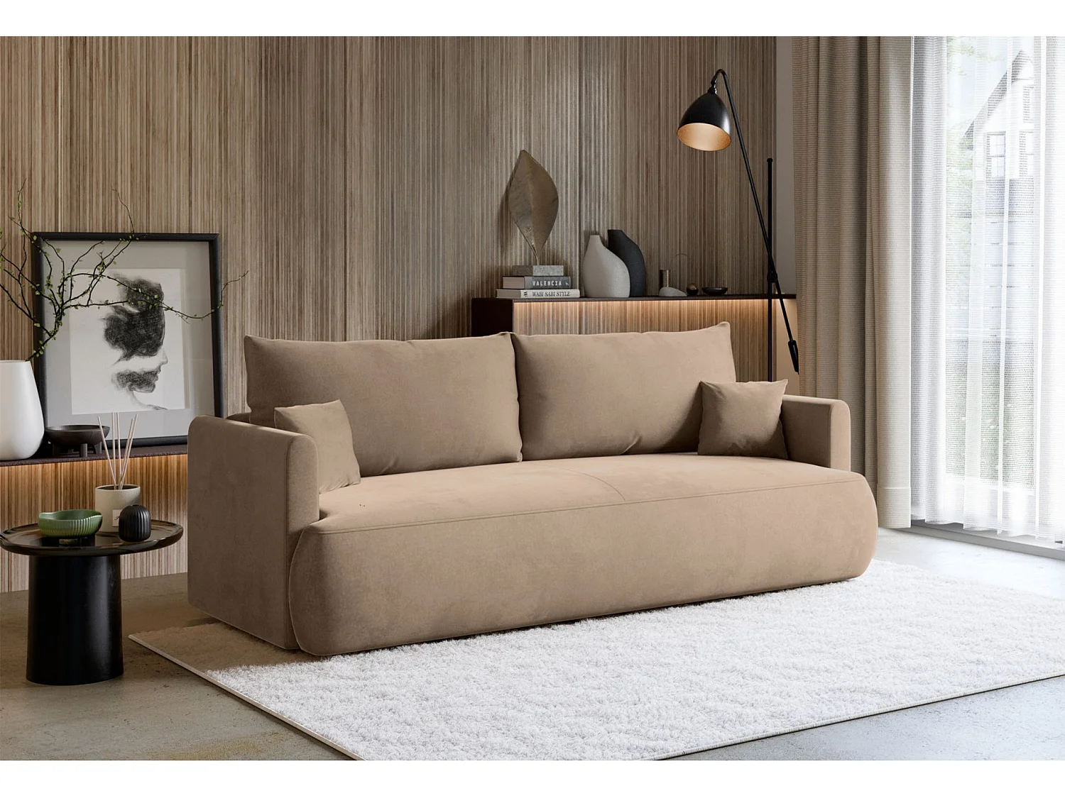 3-Sitzer Schlafsofa mit Bettkasten, Chenille Easy-Clean, beige - OVO MINI