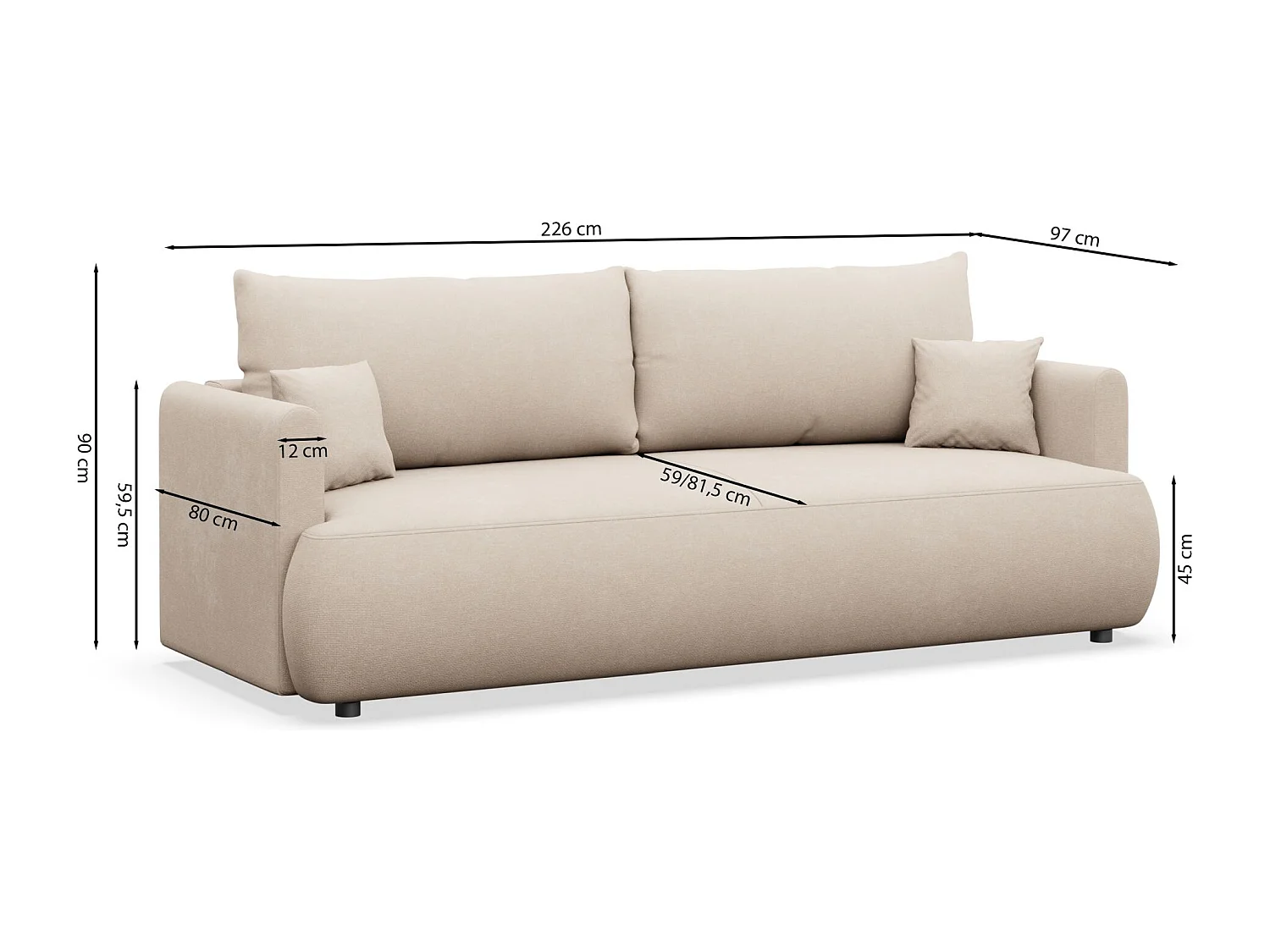 3-Sitzer Schlafsofa mit Bettkasten, Chenille Easy-Clean, beige - OVO MINI