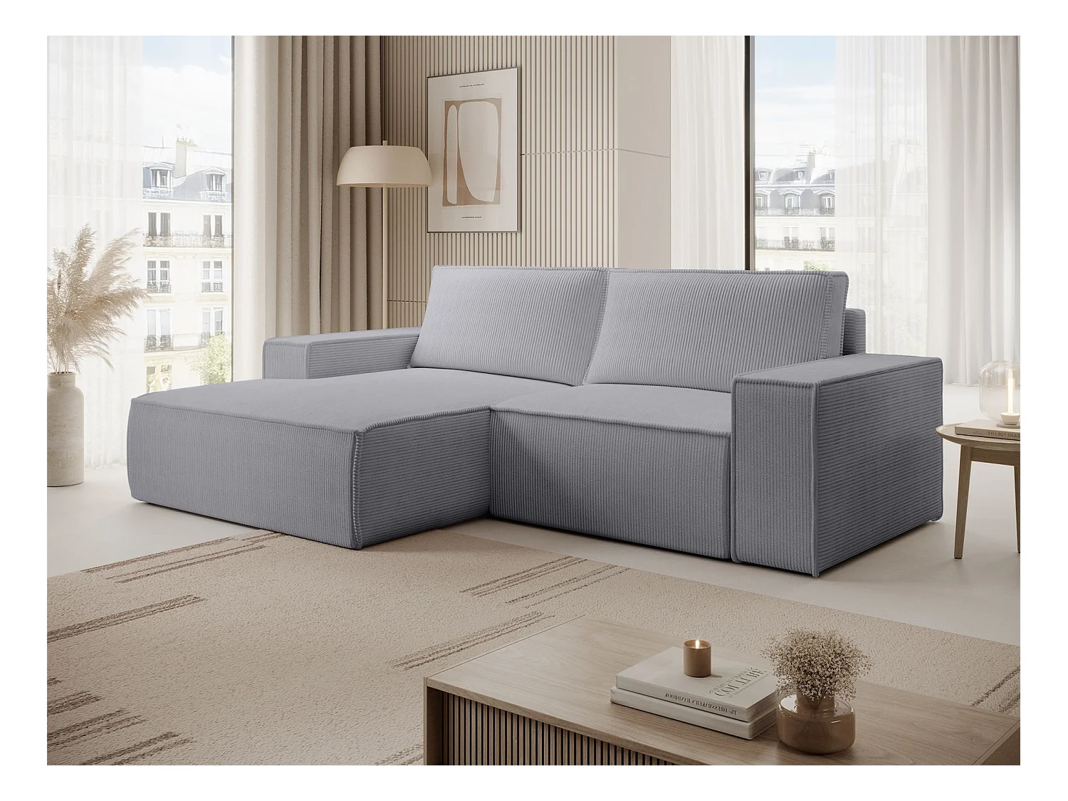 Canapé d’angle convertible – en velours côtelé – gris clair – gauche – FARESE MINI