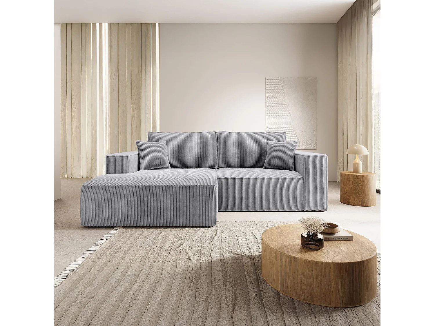 Canapé d’angle convertible – en velours côtelé – gris clair – gauche – FARESE MINI