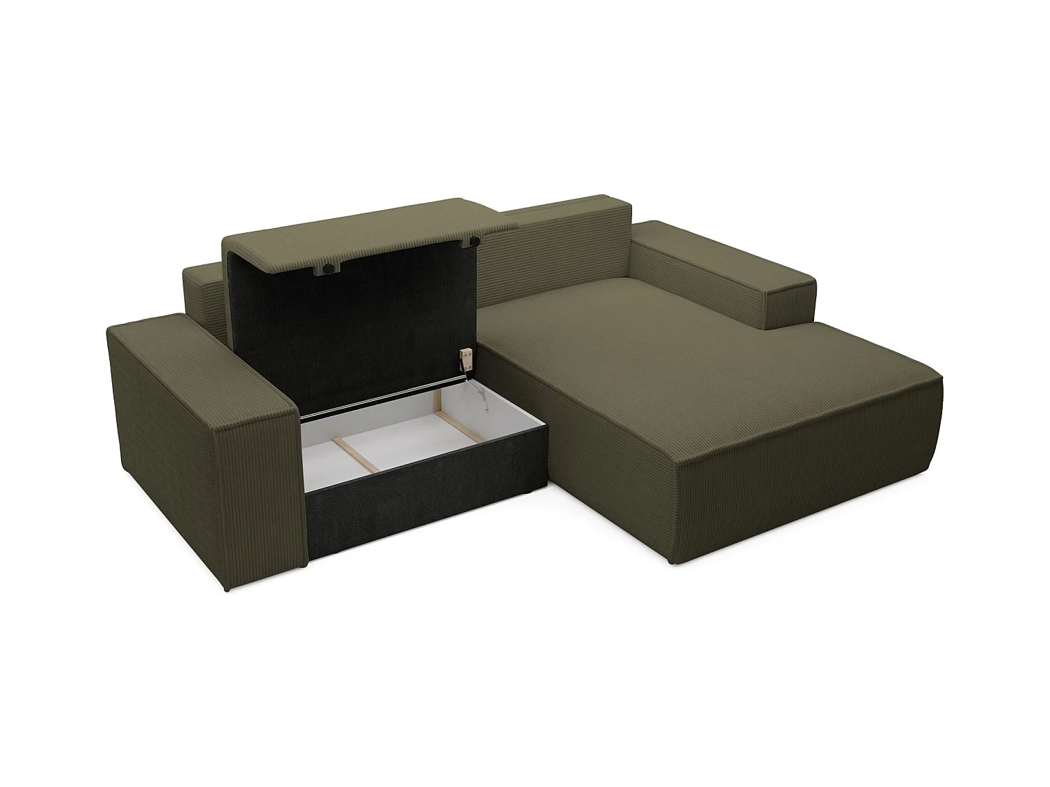 Hoekbank met ribfluweel – slaapfunctie en opbergruimte – olijfgroen – rechts – FARESE MINI
