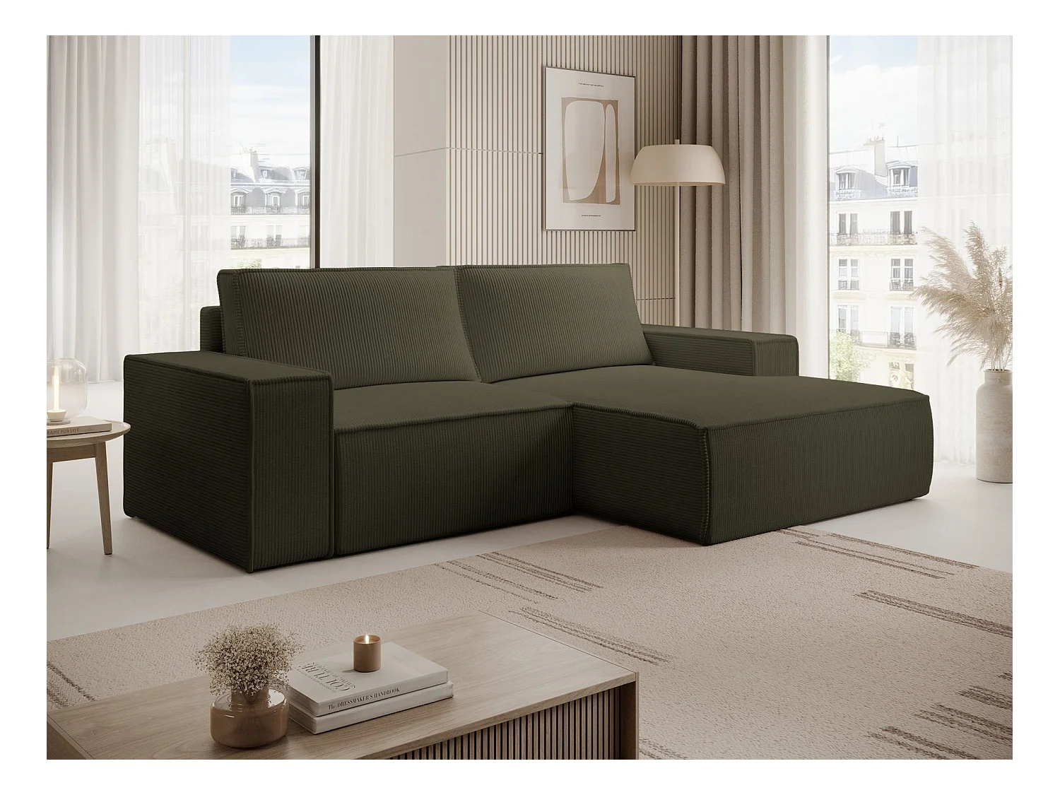 Canapé d’angle convertible – en velours côtelé – vert olive – droite – FARESE MINI