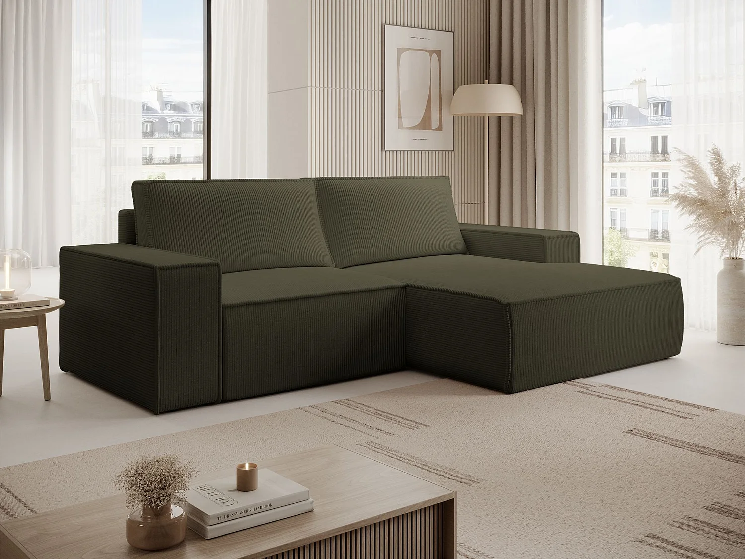 Ecksofa mit Cordbezug – Schlaffunktion und Stauraum – Olivgrün – rechts – FARESE MINI