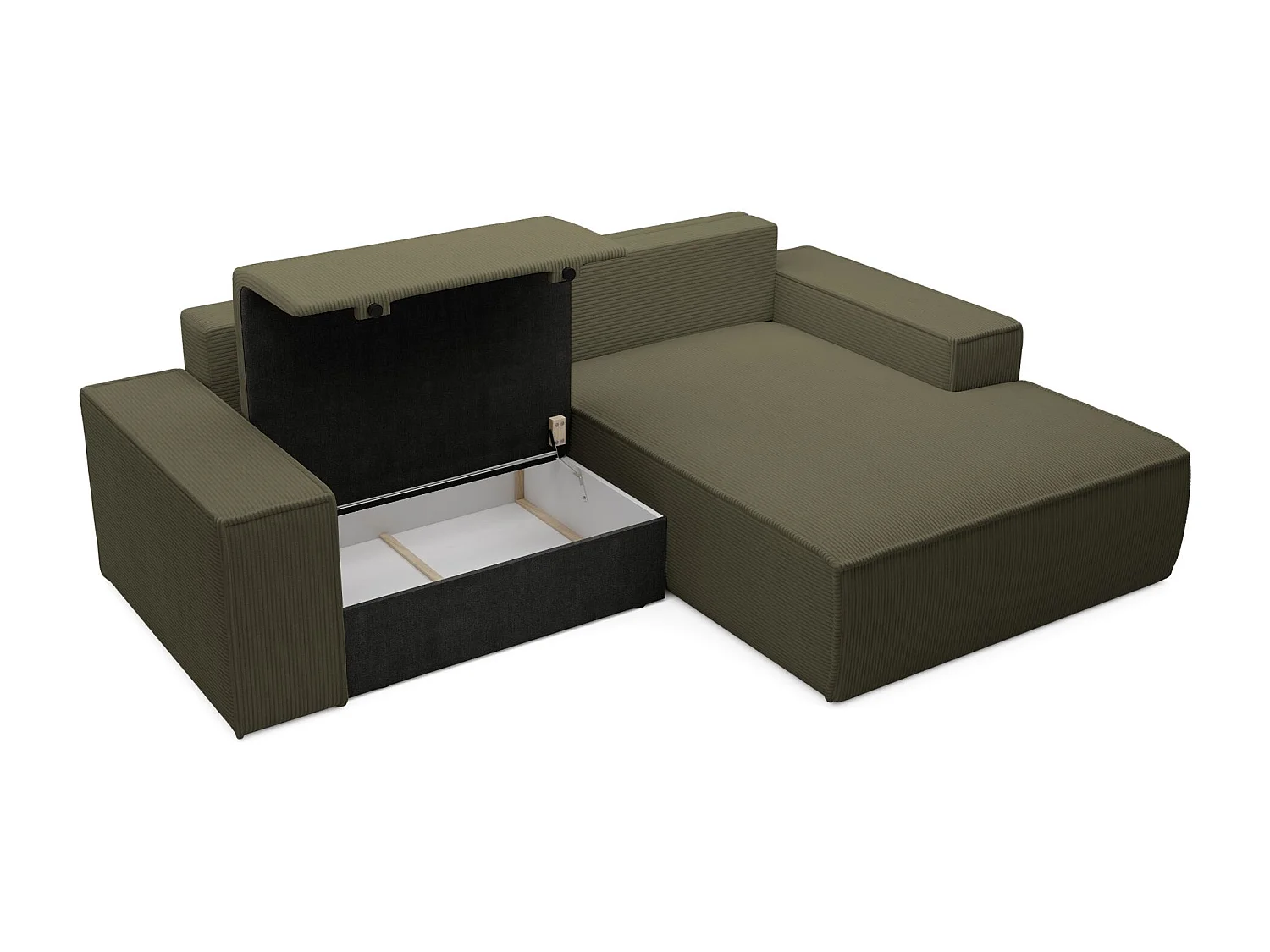 Ecksofa mit Cordbezug – Schlaffunktion und Stauraum – Olivgrün – rechts – FARESE MINI