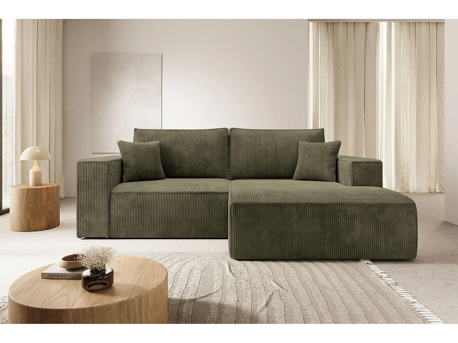 Canapé d’angle convertible – en velours côtelé – vert olive – droite – FARESE MINI