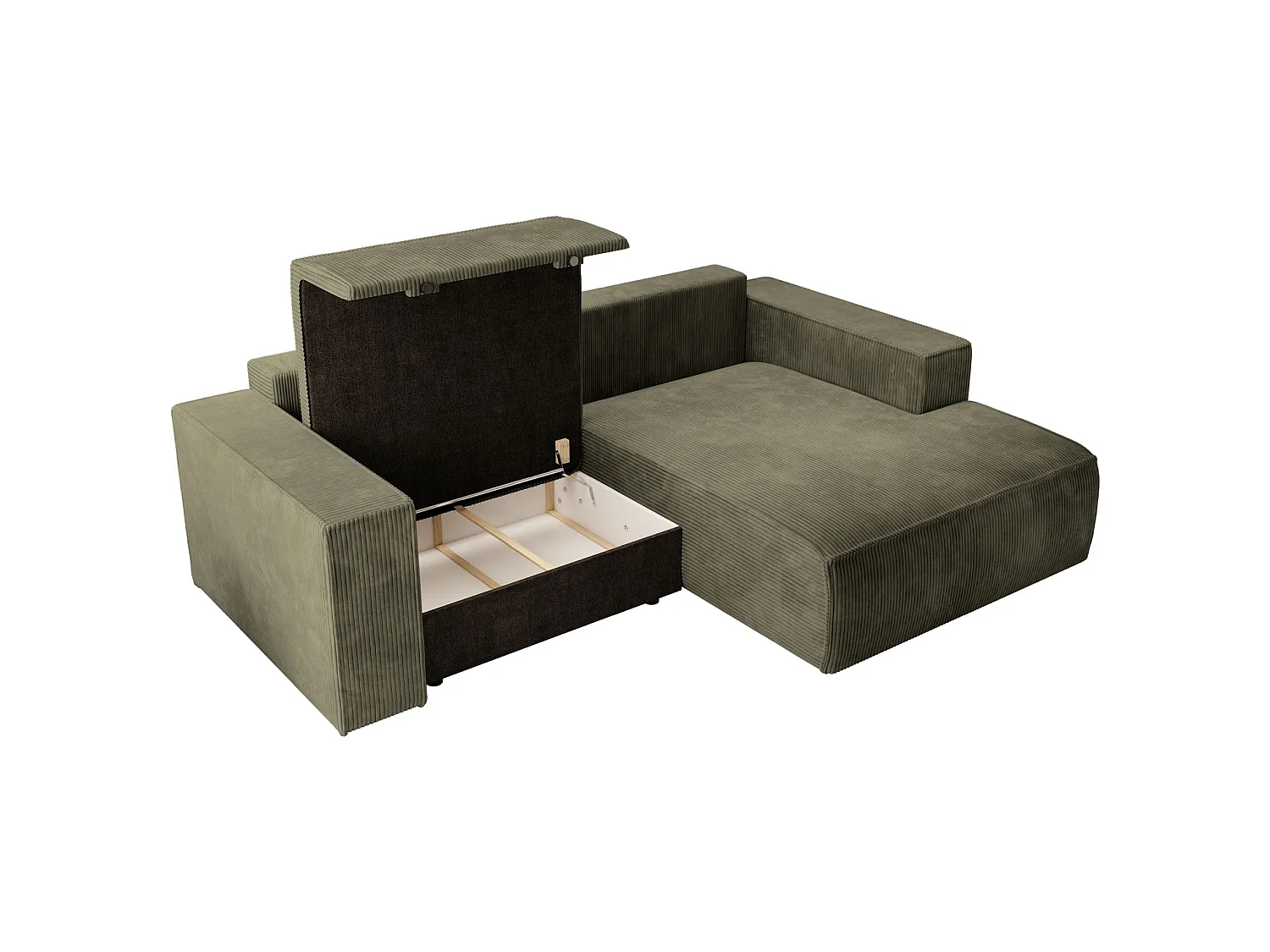 Ecksofa mit Cordbezug – Schlaffunktion und Stauraum – Olivgrün – rechts – FARESE MINI