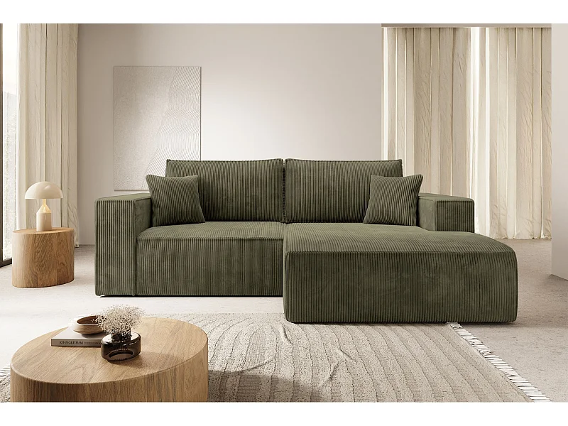 Canapé d’angle convertible – en velours côtelé – vert olive – droite – FARESE MINI